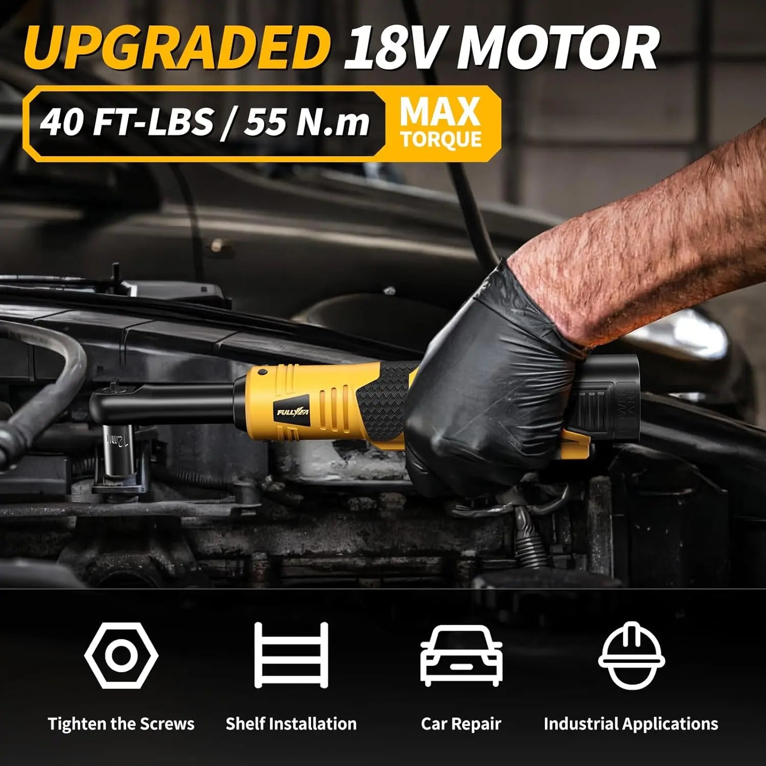 18V Cordless Electric Ratchet Wrench Kit 3/8 Inch Drive Two Batteries Yellow lidpal