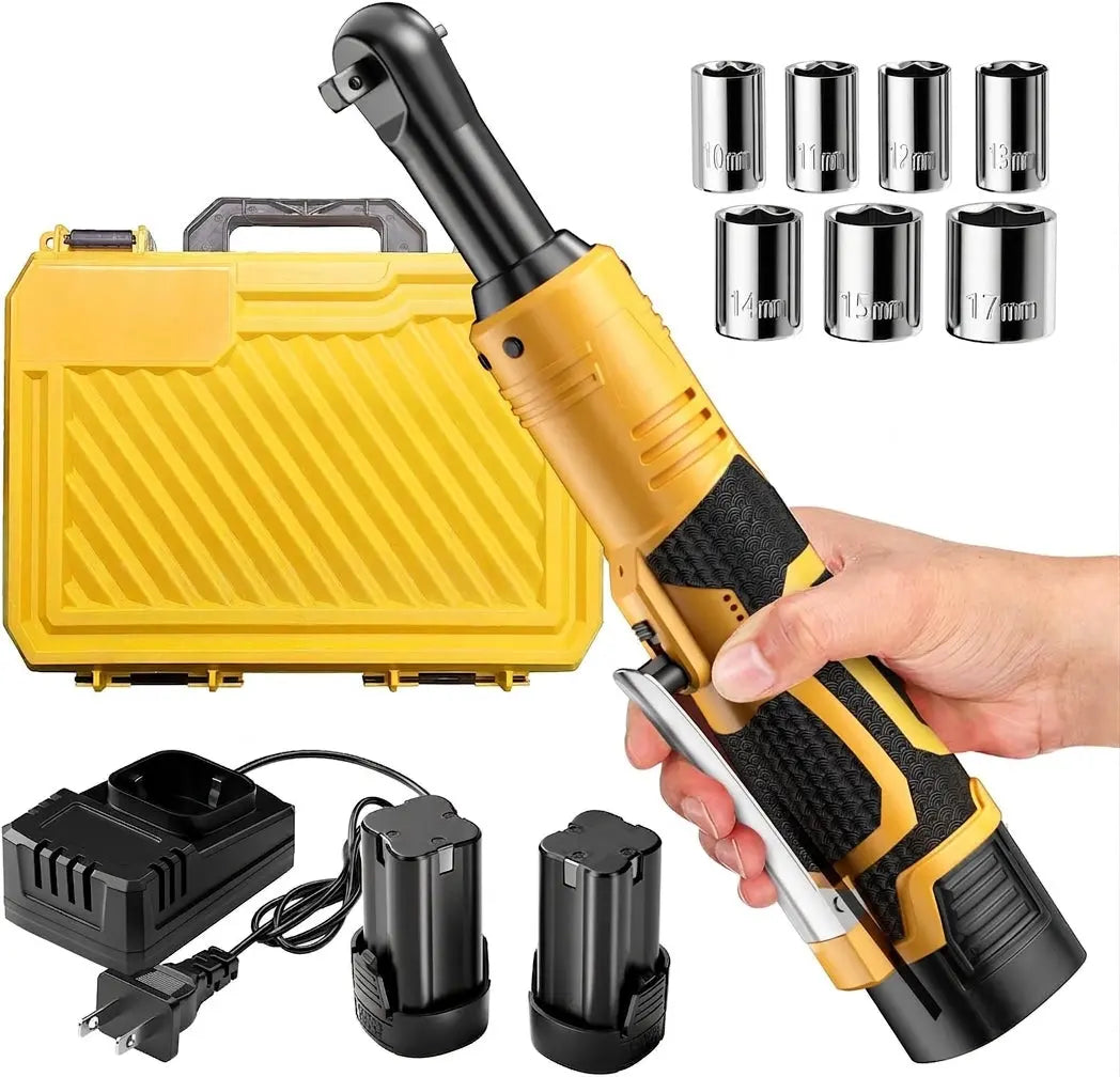 18V Cordless Electric Ratchet Wrench Kit 3/8 Inch Drive Two Batteries Yellow lidpal