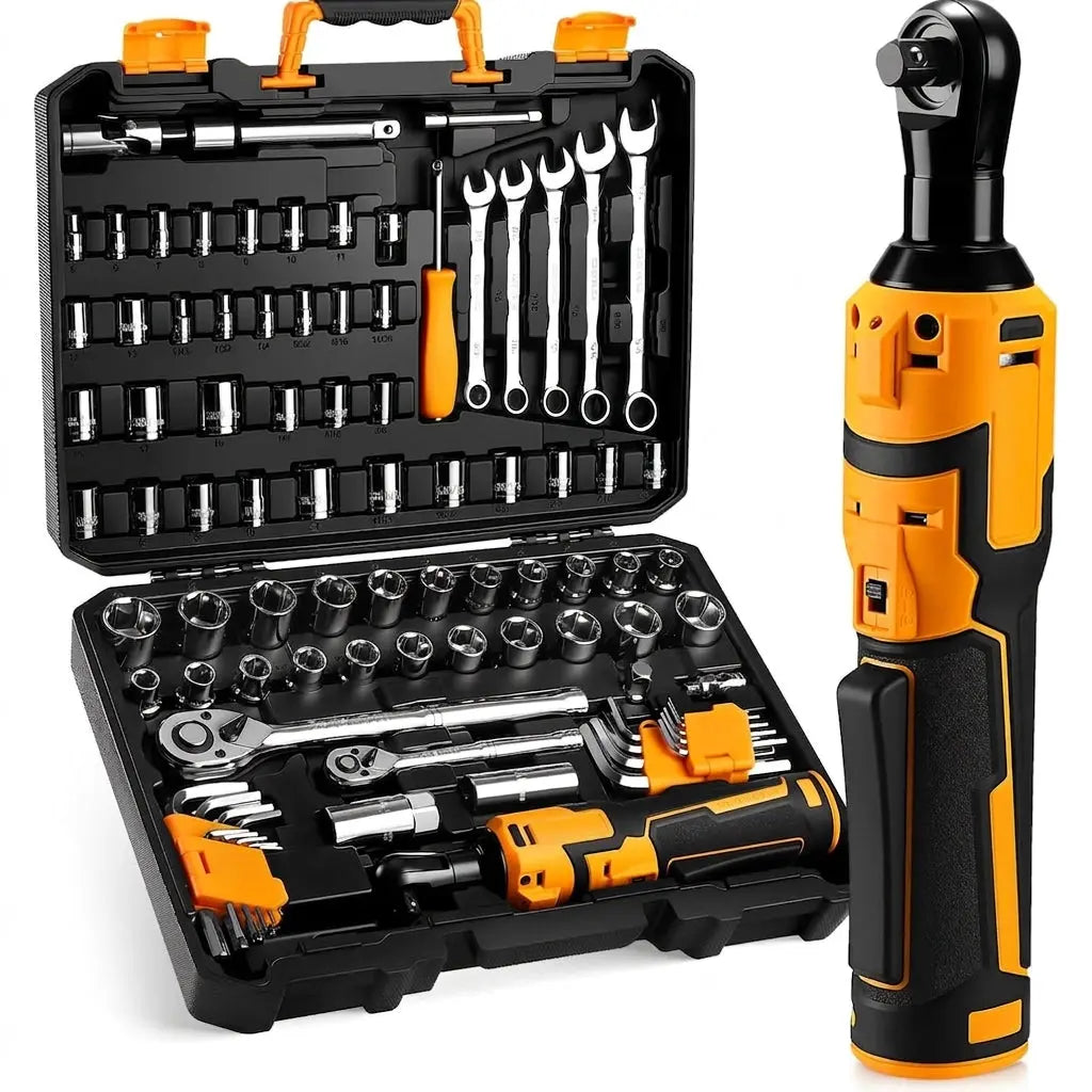 8V Cordless Electric Ratchet Wrench Kit 3/8 Inch Drive 74 Piece Tool Set lidpal