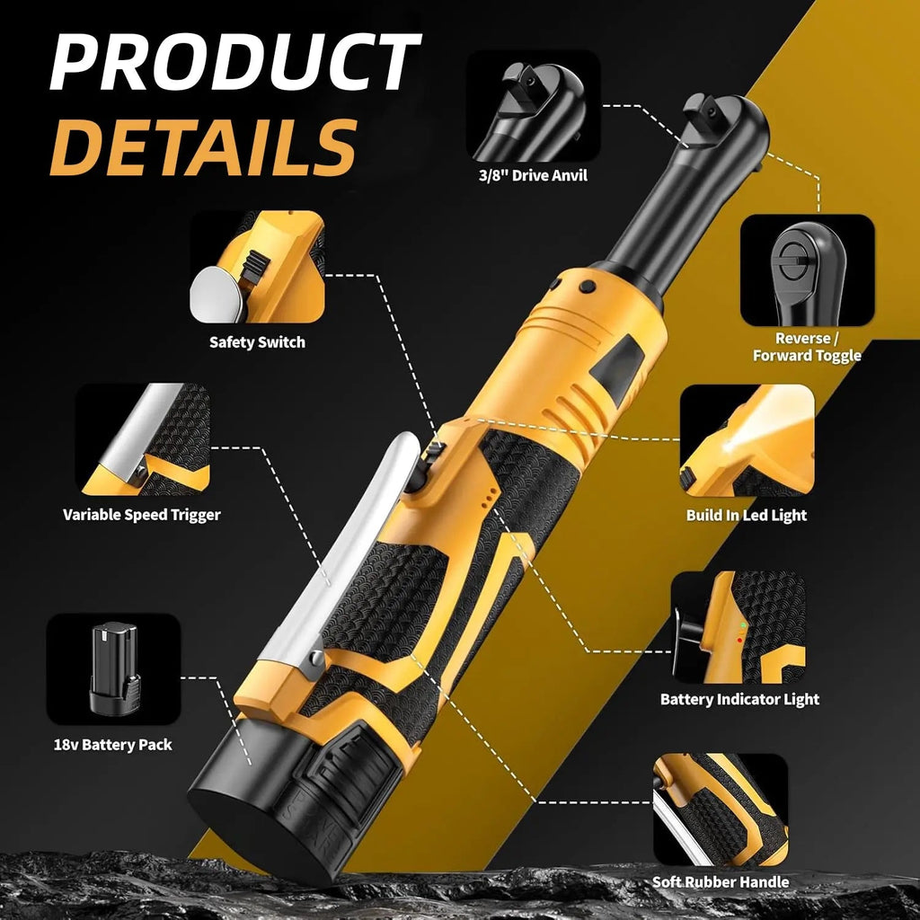 18V Cordless Electric Ratchet Wrench Kit 3/8 Inch Drive Two Batteries Yellow lidpal
