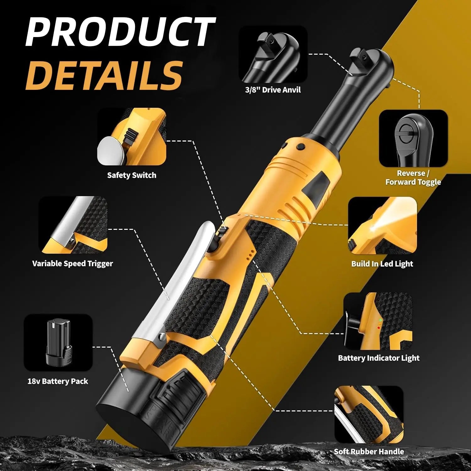 18V Cordless Electric Ratchet Wrench Kit 3/8 Inch Drive Two Batteries Yellow lidpal