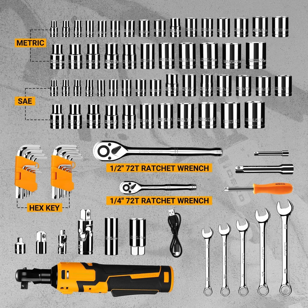 8V Cordless Electric Ratchet Wrench Kit 3/8 Inch Drive 74 Piece Tool Set lidpal