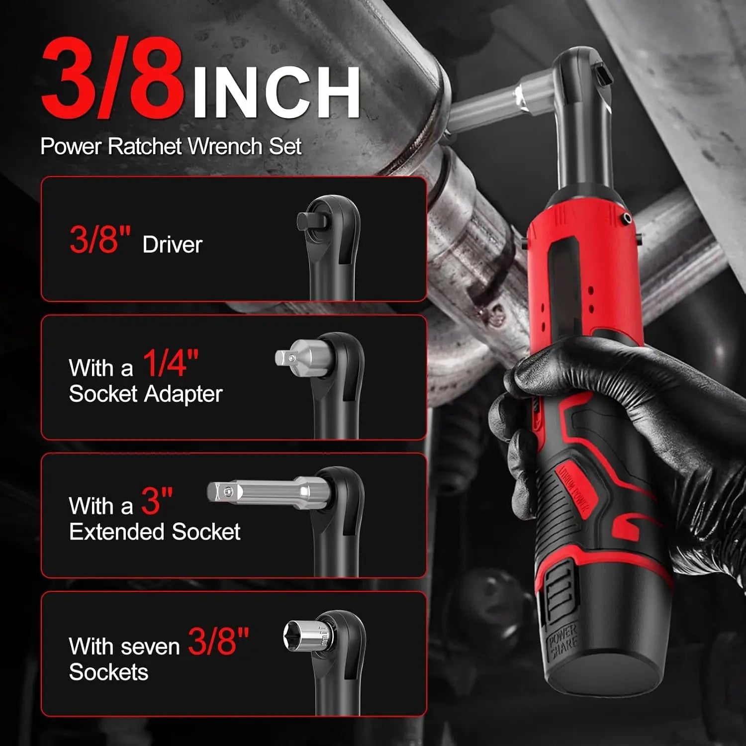 12V Cordless Electric Ratchet Wrench Kit 3/8 Inch Drive Two Batteries Sockets lidpal