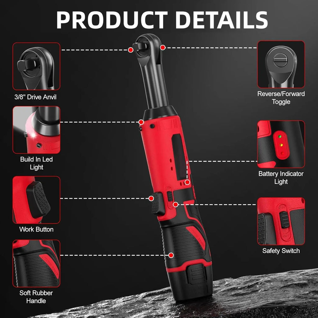 12V Cordless Electric Ratchet Wrench Kit 3/8 Inch Drive Two Batteries Sockets lidpal